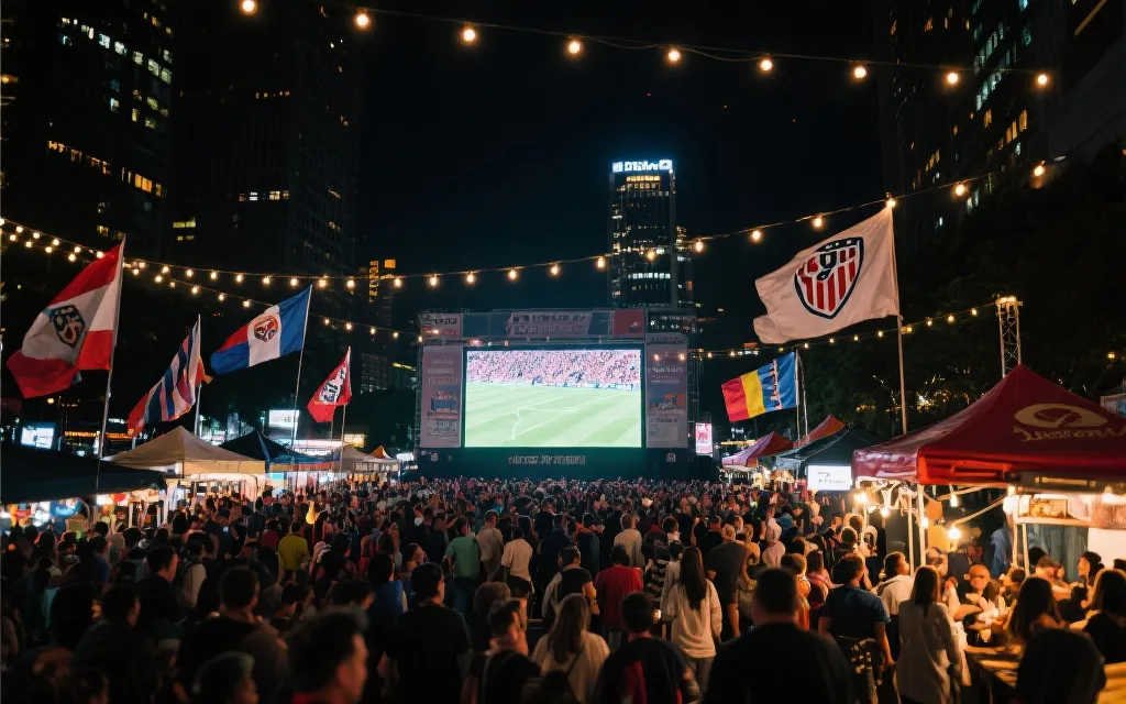 城市球迷广场与大屏幕观赛场景，人群挥舞旗帜，夜色与灯光氛围浓郁
